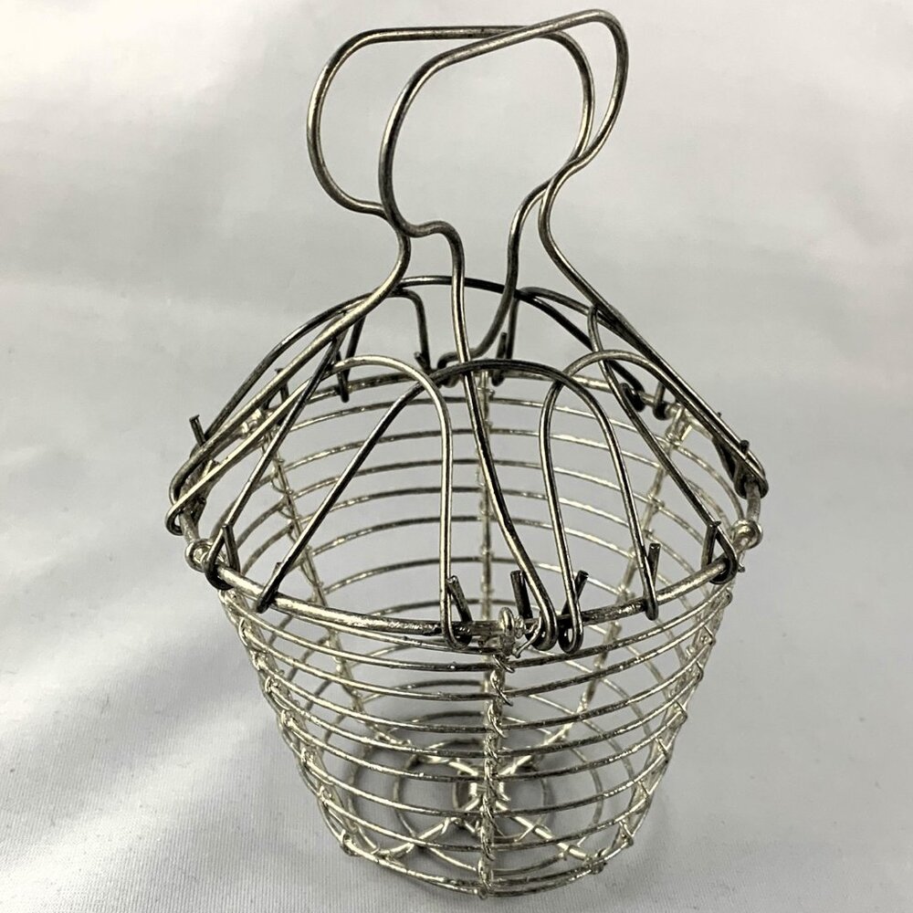 Vintage French Wire Egg Basket, Small Miniature Articulated Decorative Woven